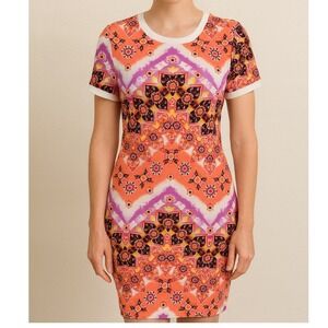 Eye Candy Sz Medium Orange Aztec T-Shirt Dress • Stretchy Bodycon Summer Casual